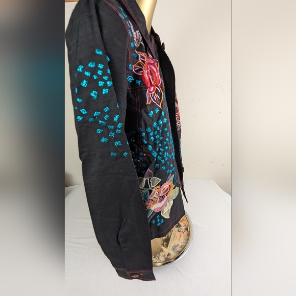 Indigo Moon Embellished Black Jacket Vibrant Floral & Abstract Designs Medium - Picture 8 of 15